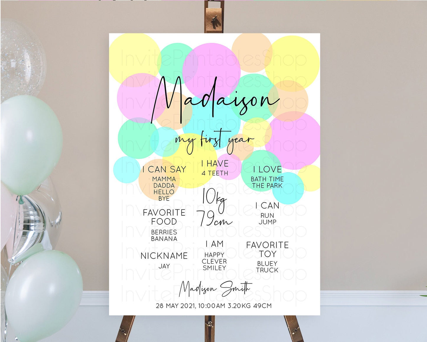 Pastel First Birthday Milestone Poster Pastel Rainbow Confetti First Birthday Milestone Board Colorful Bubbles Birthday Welcome Sign D10409