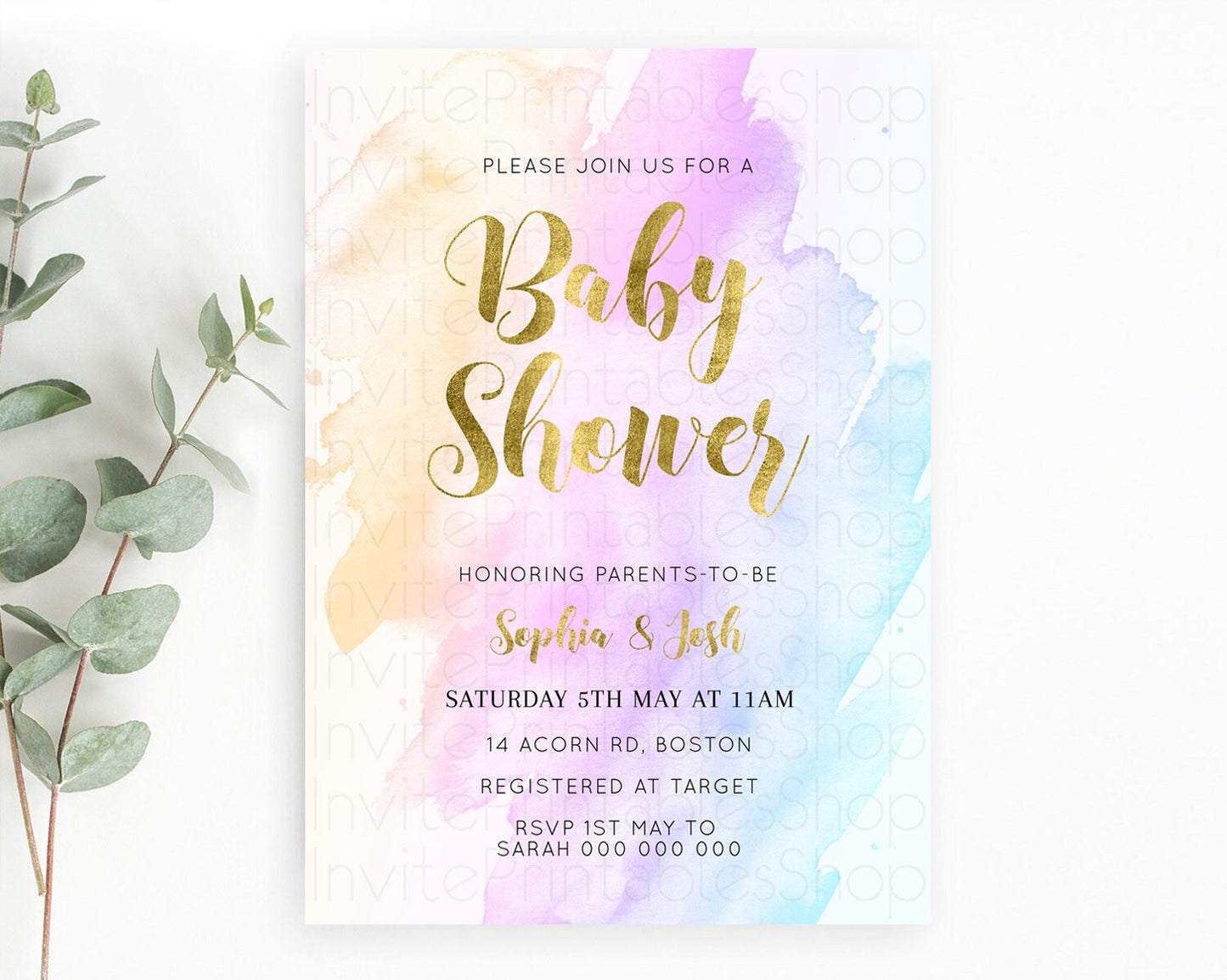 Pastel Baby Shower Invitation Rainbow Baby Shower Invitation Colorful Pastel Watercolor Invitation Gold Glitter Sprinkles Ombre D11027