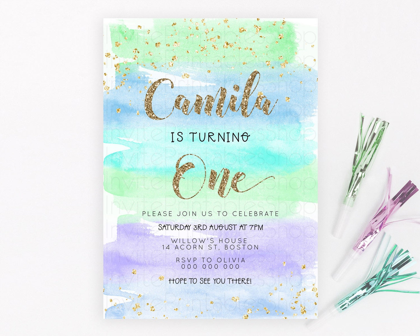 Rainbow Birthday Invitation Colorful Pastel Watercolor Invitation Gold Glitter Sprinkles Ombre Pastel 1st 2nd 3rd Birthday D23274