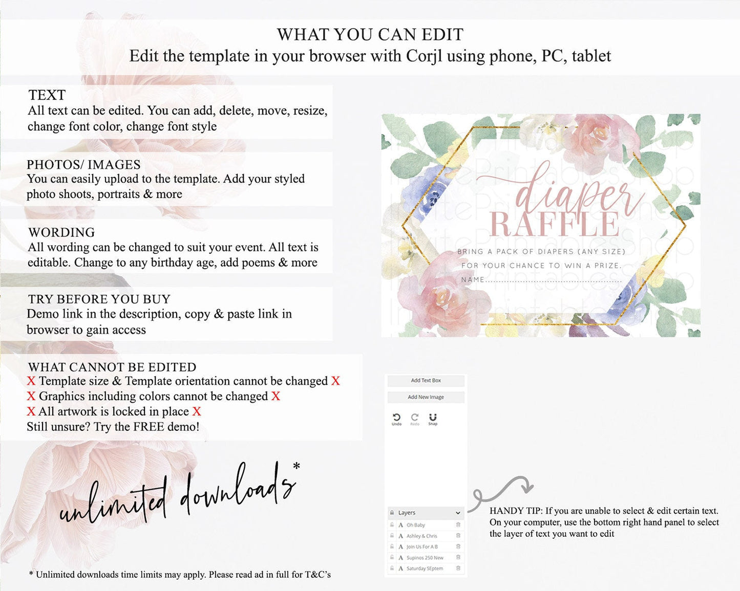Secret Garden Diaper Raffle Card Boho Wildflower Diaper Raffle Insert Pastel Flower Garden Baby Shower Card Flower Raffle Game D10254