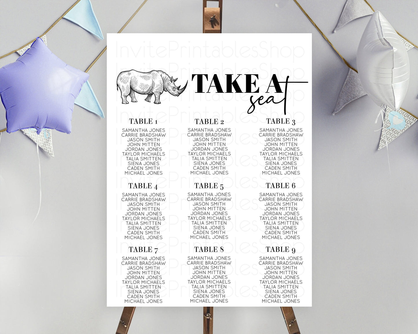 Rhino Seating Chart Rhino Seating Sign Rhino Take A Seating Chart Rhino Safari Adventure Decor Zoo Party Rhino Palm Leaf Décor D10253