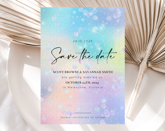 Colorful Save The Date Template Pastel Rainbow Watercolor Iridescent Ombre Party For 1st Birthday Baptism Baby Shower Bridal Shower D10665