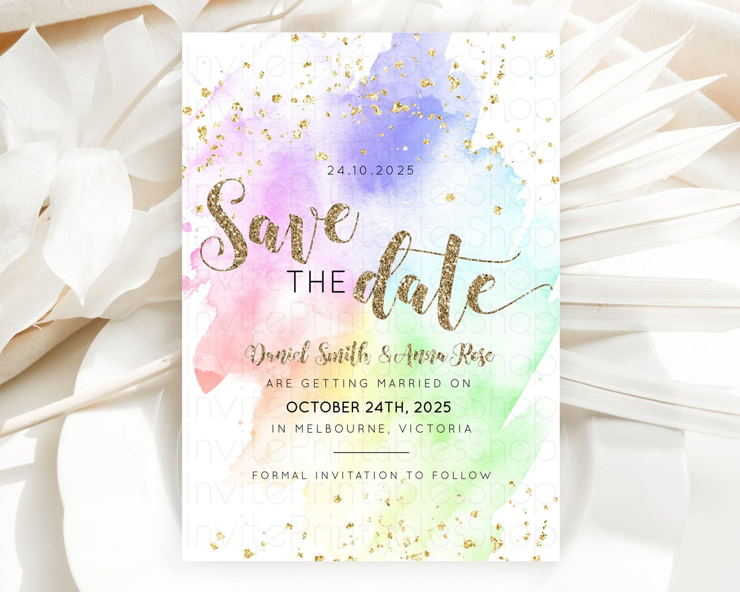 Pastel Save The Date Template Pastel Ombre Rainbow Watercolor Colorful Party For Birthday Baptism Baby Shower Wedding Bridal Shower D10319
