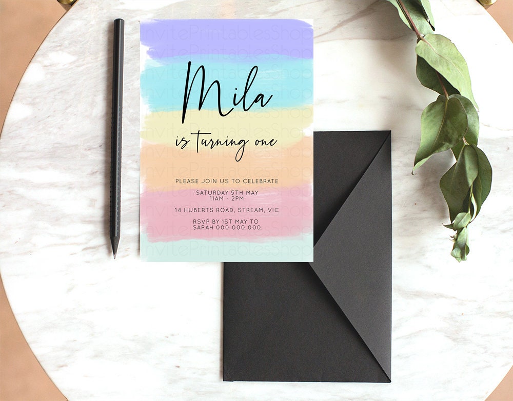 Rainbow Birthday Invitation Pastel Birthday Invitation Colorful Watercolor Invite Ombre Pastel Invitation Gold Glitter Sprinkles Invite