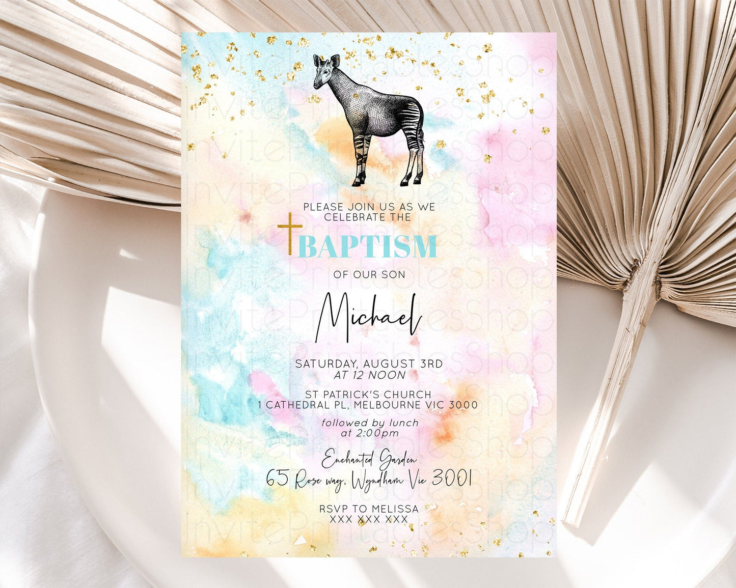 Okapi Baptism Invitation Okapi Baptism 1st Birthday Invitation Okapi Pastel Rainbow Watercolor Christening Invitation Holy Communion D10282