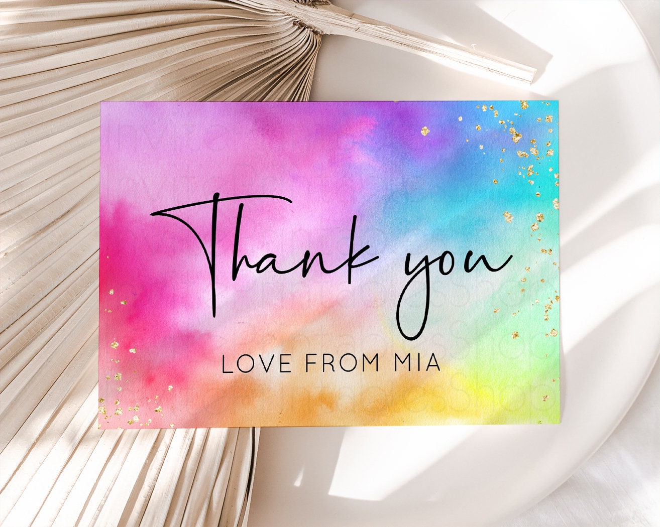 Pastel Rainbow Thank you Colorful Watercolor Folded Gift Cards Custom Note Message Glitter Birthday Engaged Baby Shower Wedding Guests 509