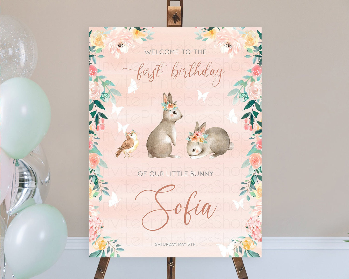 Bunny Welcome Sign Floral Bunny Welcome Board Pastel Flowers Woodland Bunny Welcome Poster Forest Bunny First Birthday Welcome Sign D10922