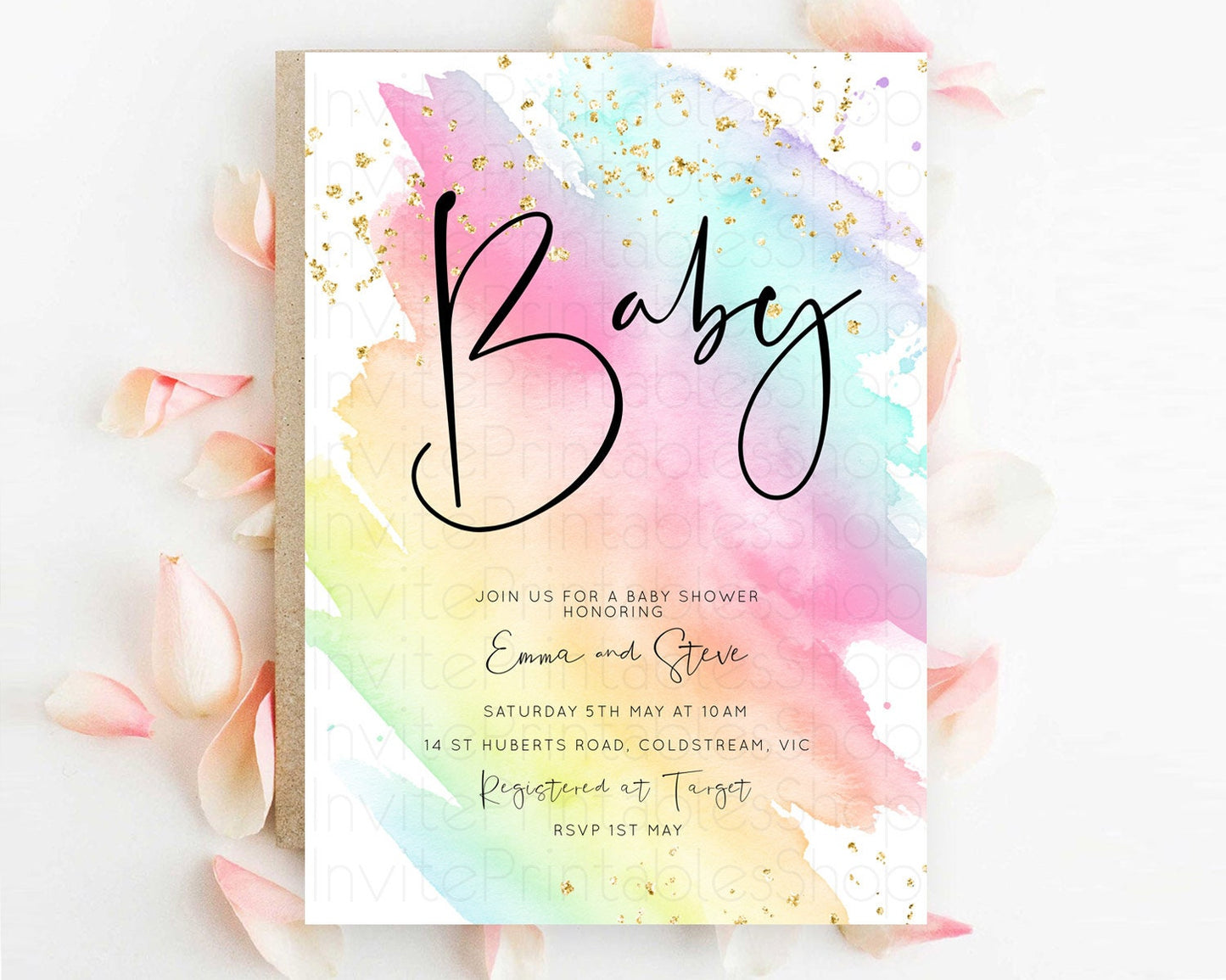 Pastel Baby Shower Invitation Rainbow Baby Shower Invitation Pastel Color Watercolor Invitation Pink Blue Yellow Gold Sprinkles Ombre D10495