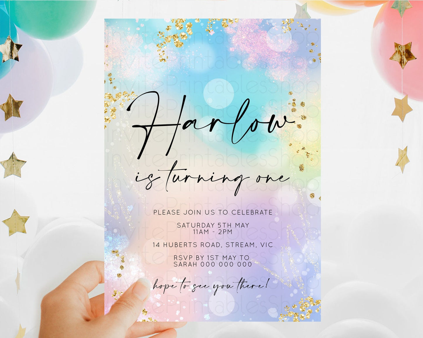 Rainbow Birthday Invitation Colorful Pastel Watercolor Invitation Gold Glitter Sprinkles Ombre Pastel 1st 2nd 3rd Birthday D10675