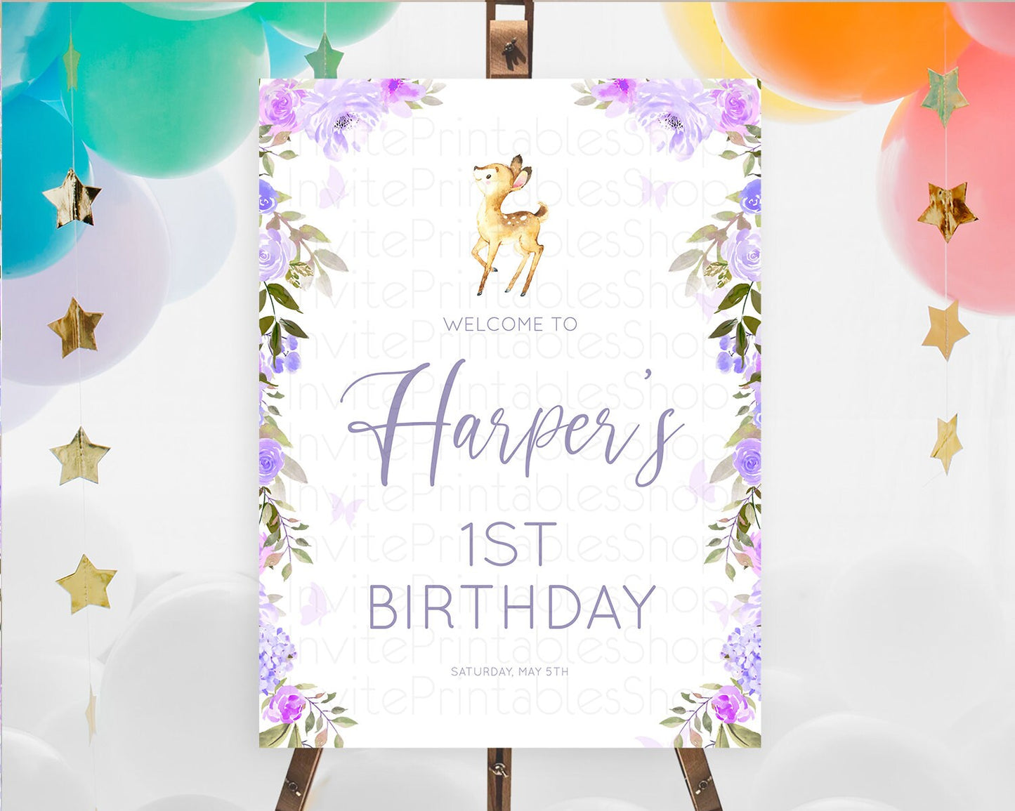 Fawn Welcome Sign Deer Welcome Board Floral Deer Welcome Poster Enchanted Forest Butterfly Pastel Floral First Birthday Welcome Sign D10916