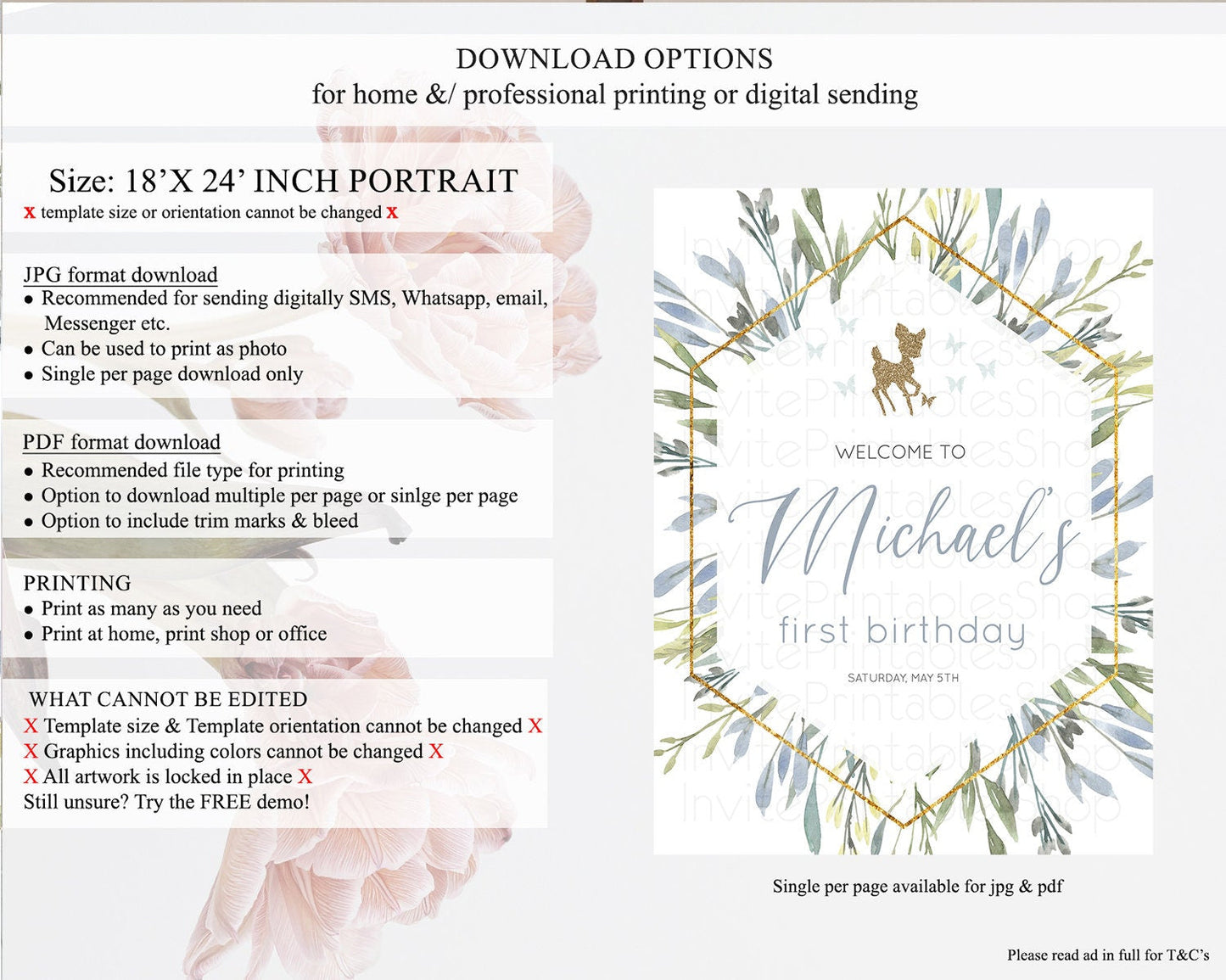 Fawn Welcome Sign Deer Welcome Board Floral Deer Welcome Poster Enchanted Forest Butterfly Pastel Floral First Birthday Welcome Sign D10534
