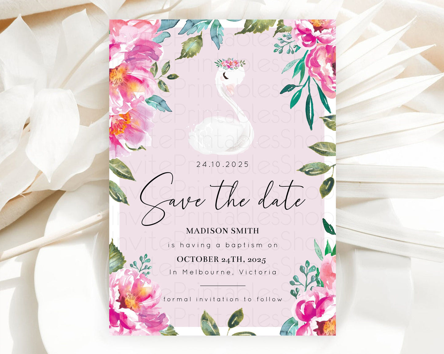 Swan Save The Date Template Swan Princess Ballet Party Enchanted Swan Lake Secret Garden Pastel Floral Birthday Baptism Baby Shower  D10757