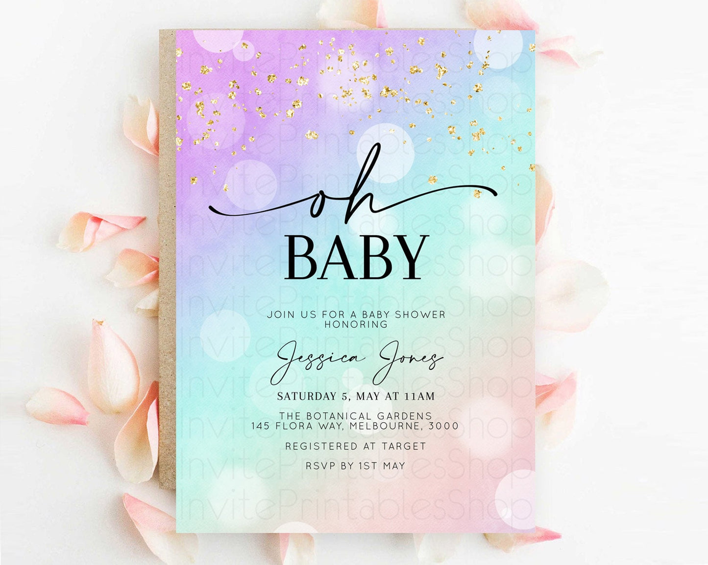 Pastel Baby Shower Invitation Rainbow Baby Shower Invitation Colorful Pastel Watercolor Invitation Gold Glitter Sprinkles Ombre D10618