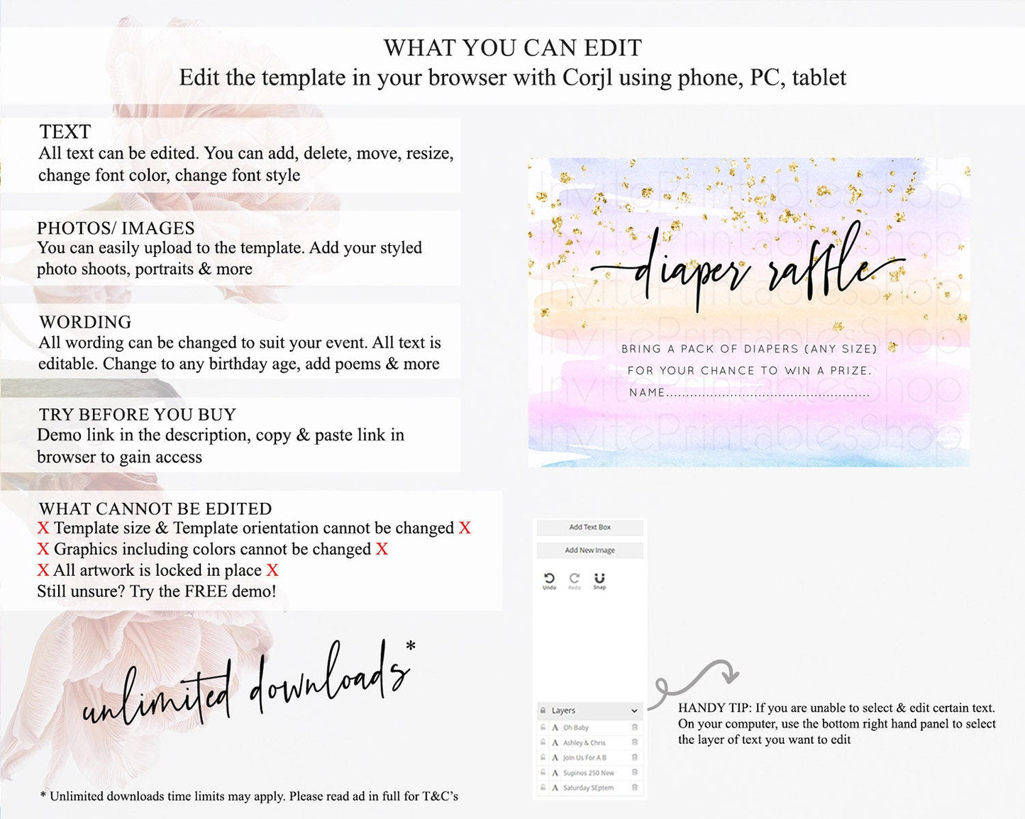 Pastel Diaper Raffle Card Pastel Rainbow Diaper Raffle Insert Colorful Ombre Watercolor Diaper Ticket Confetti Glitter Raffle Game D10594