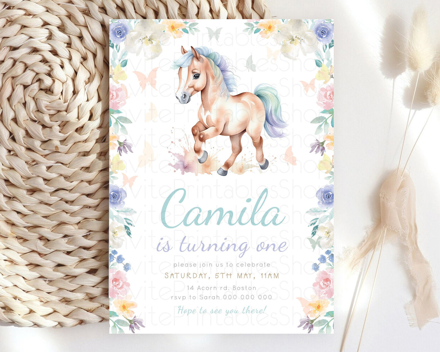 Horse Birthday Invitation, Galloping Wildflower Fields, Pastel Flowers, Butterflies, Flowers Accents for Equestrian & Cowgirls d23384