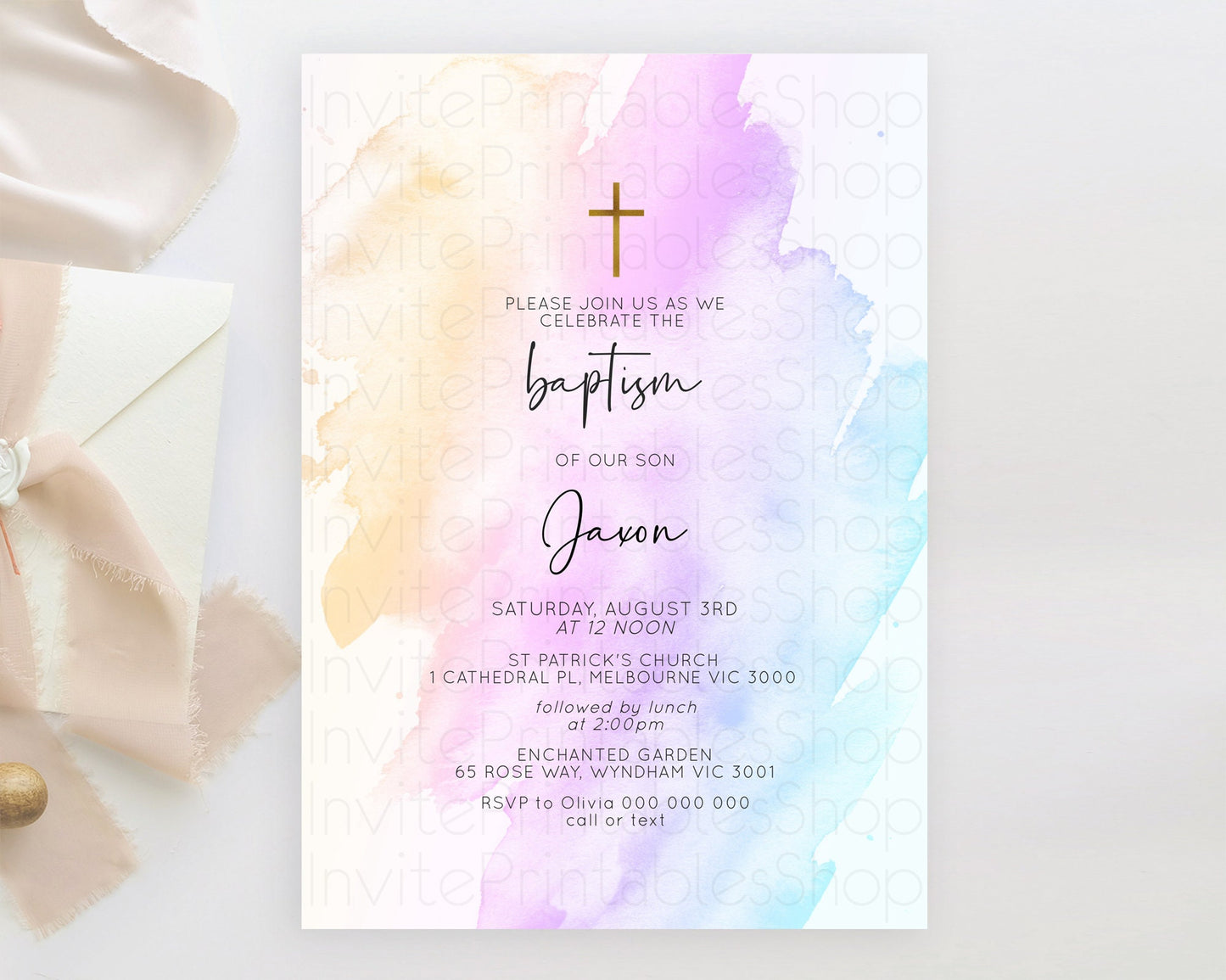 Pastel Baptism Invitation Pastel Colors Watercolor Baptism 1st Birthday Party Gold Ombre Pastel Rainbow Christening Holy Communion D10177