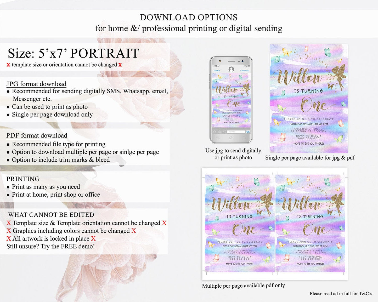 Pastel Fairy Birthday Invitation Pastel Butterflies Fairy Birthday Invitation Rainbow Ombre Watercolor 1st 2nd Birthday Invitation D23309