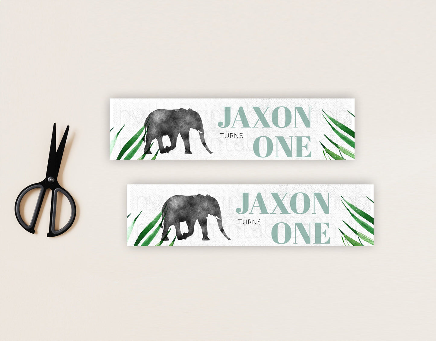 Elephant Water Label Template Elephant Safari Adventure Party Decor Dried Palm Fern Zoo Birthday Baptism Baby Shower Bridal Shower D10842