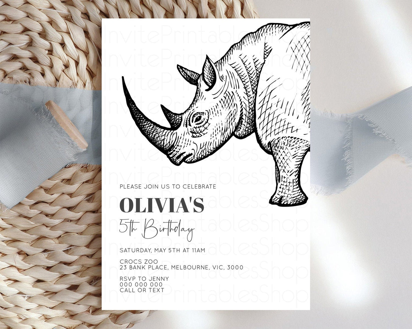 Rhinoceros Birthday Invitation Rhinoceros Invite Jungle Safari invite Watercolor Tropical Palm Adventure Zoo Party Wild Rhino Party t269