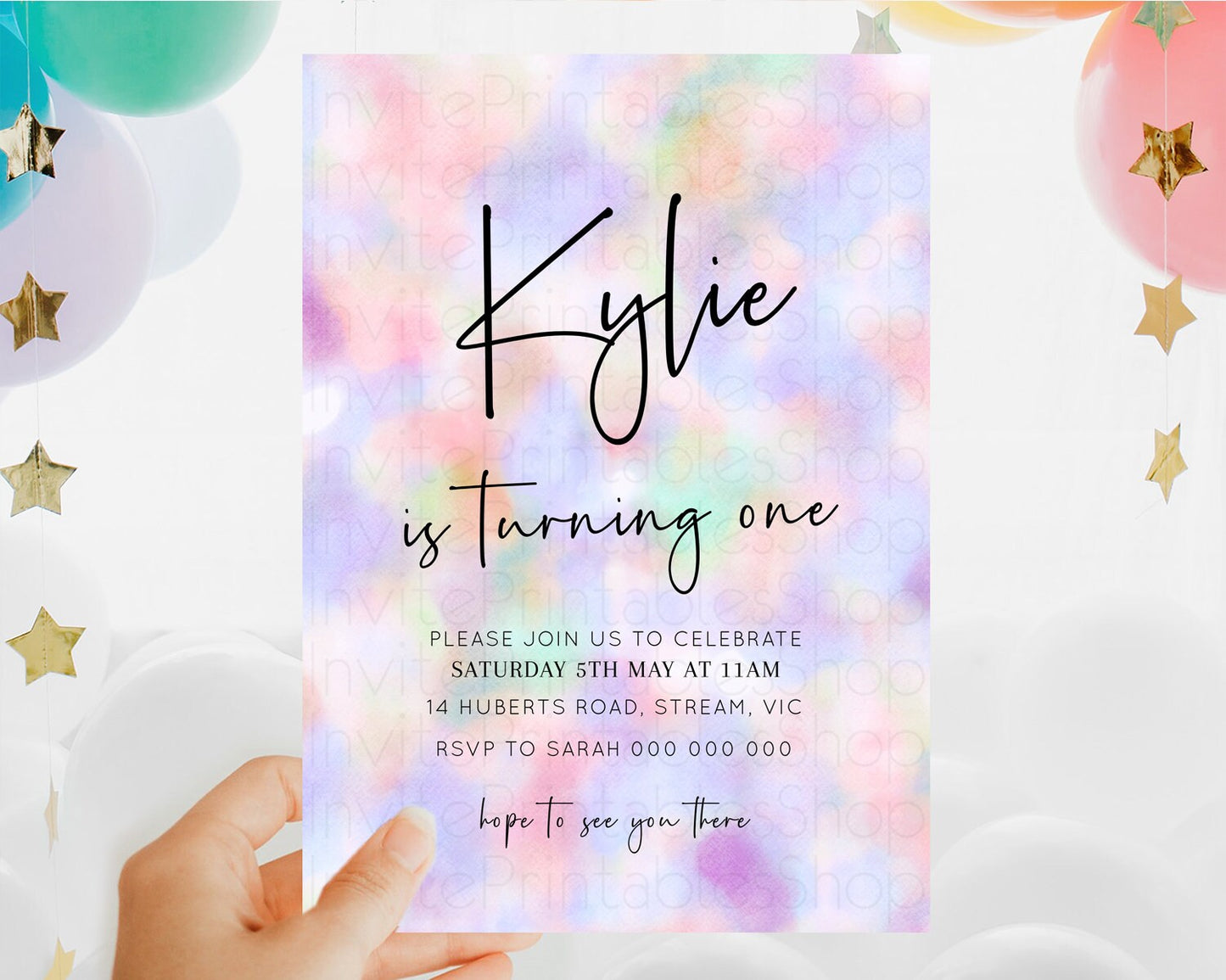 Rainbow Birthday Invitation Colorful Pastel Watercolor Invitation Gold Glitter Sprinkles Ombre Pastel 1st 2nd 3rd Birthday D10697