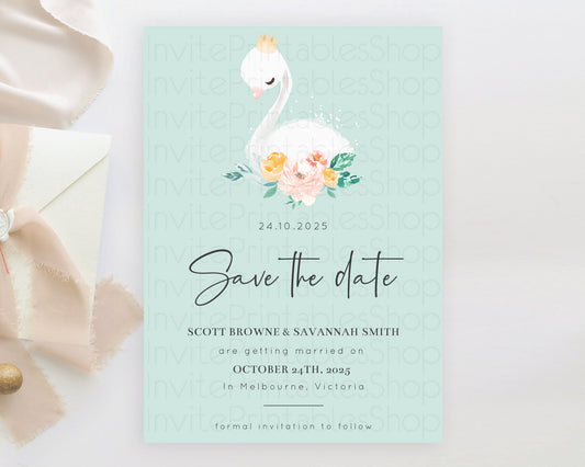 Editable Swan Save The Date Template Swan Princess Ballet Party Enchanted Sw