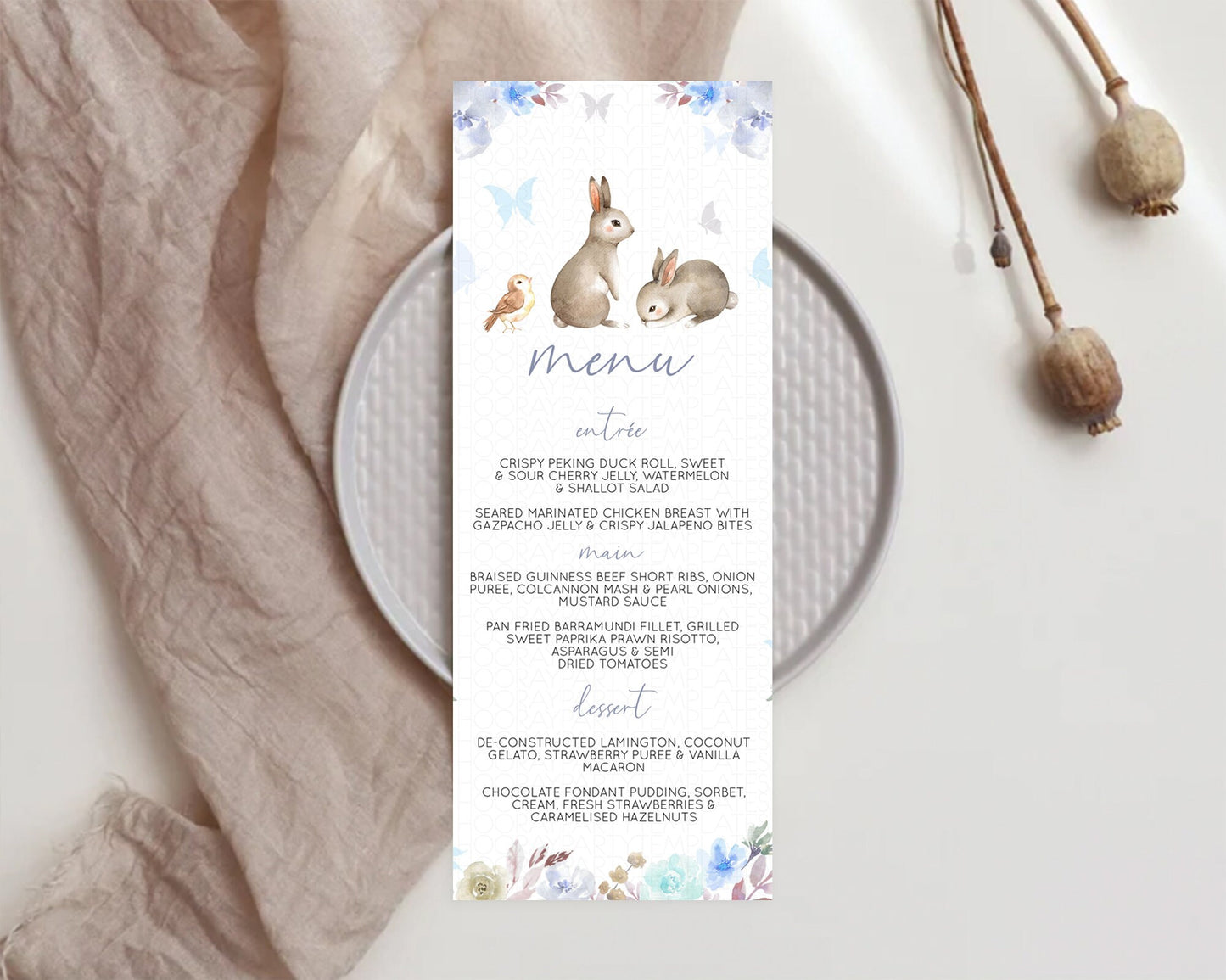 Bunny Menu Floral Bunny Menu Template Pastel Flowers Bunny Table Decor Secret Garden Bunny Dinner Dessert Menu Party Food Menu D10927