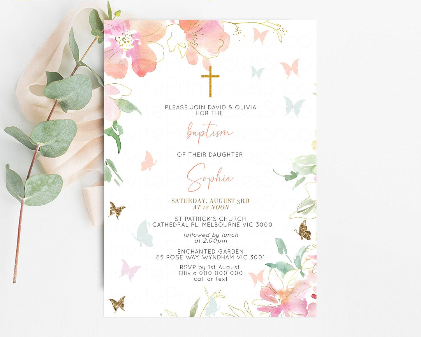 Secret Garden Baptism Invitation Floral Garden Christening Invite Enchanted Forest Invite Whimsical Floral Invite Botanical Pastel Pink 91