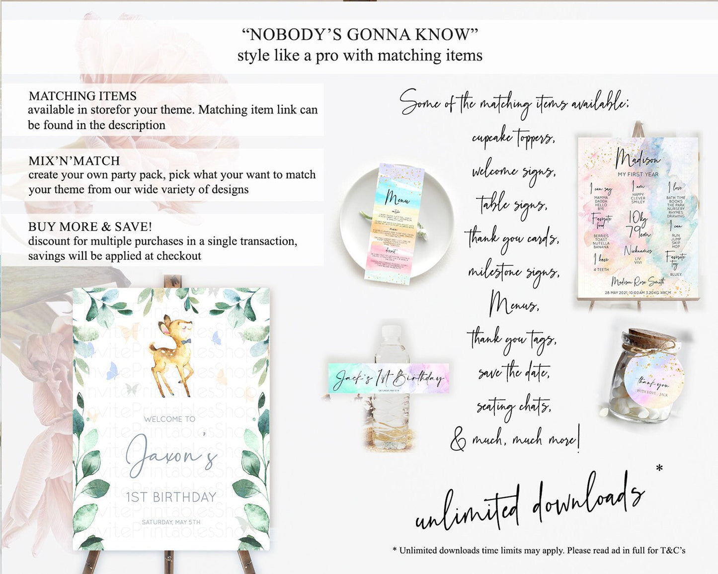 Fawn Welcome Sign Deer Welcome Board Floral Deer Welcome Poster Enchanted Forest Butterfly Pastel Floral First Birthday Welcome Sign D10767