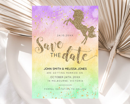 Unicorn Rainbow Save The Date Template Pastel Unicorn Party Magical Pastel Ombre Watercolor Unicorn 1st Birthday Baptism Baby Shower D10513