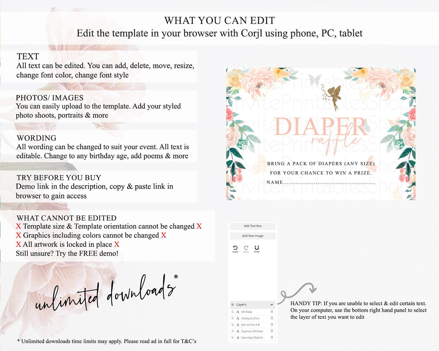 Fairy Diaper Raffle Card Fairy Diaper Insert Enchanted Garden Fairy Diaper Ticket Pastel Floral Butterfly Secret Garden Raffle Game D10789