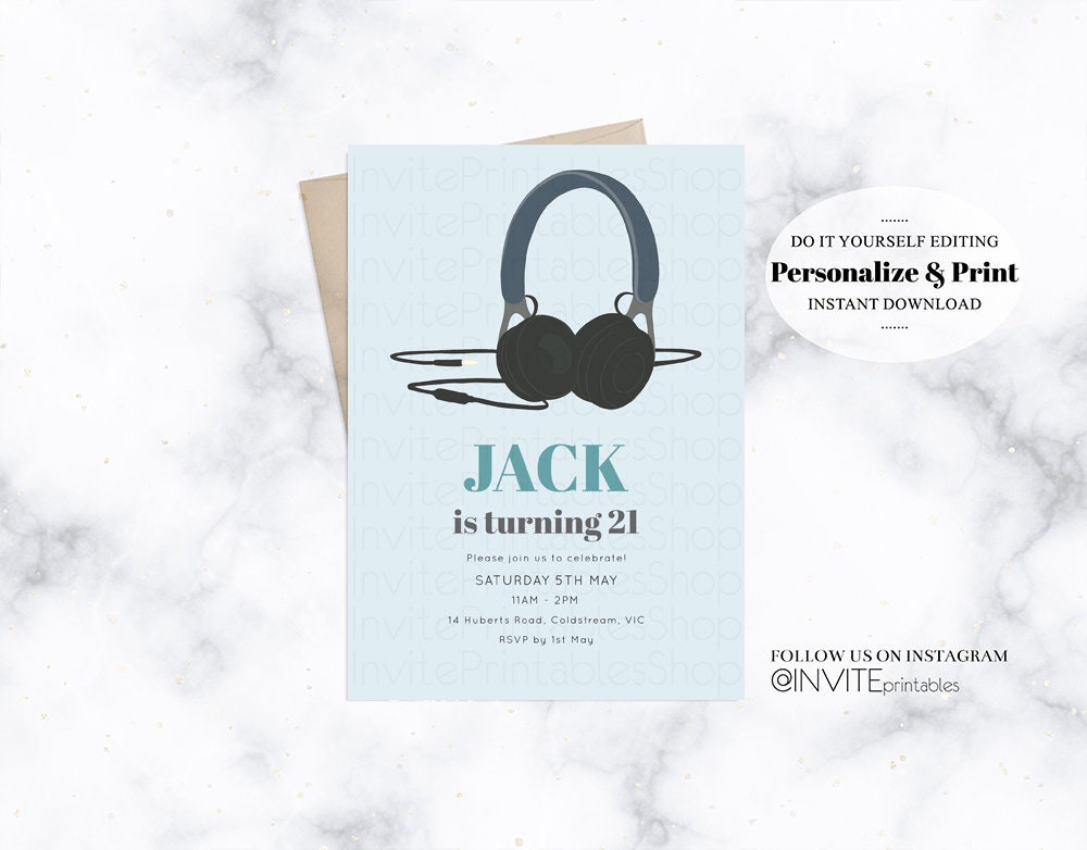 21st DJ Birthday Invitation DJ Headphones Invite Techno House Dance Music Club Disco Electro Funk DJS 16th 18th 30th 40th 50th Invite 346