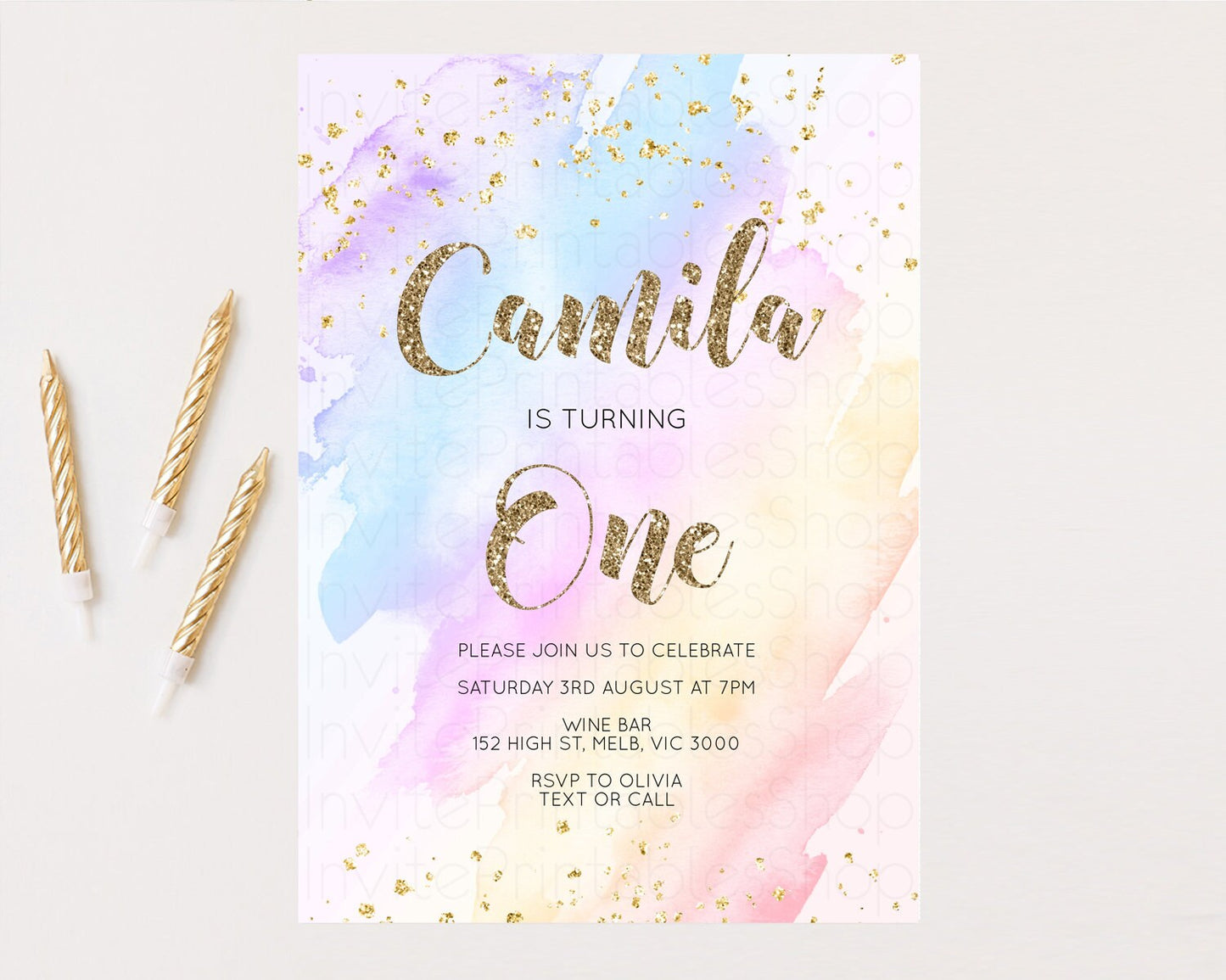 Rainbow Birthday Invitation Glitter Pastel Invitation Colorful Watercolor Gold Foil Splatter Sprinkle Ombre 1st 2nd 3rd Birthday Invite g600