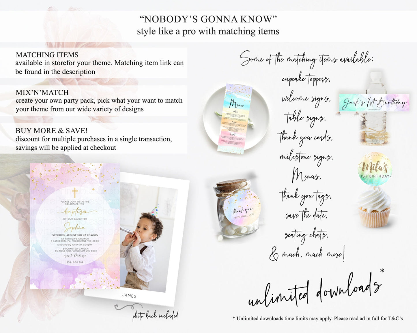 Pastel Baptism Invitation Pastel Colors Watercolor Baptism 1st Birthday Party Gold Ombre Pastel Rainbow Christening Holy Communion D10623