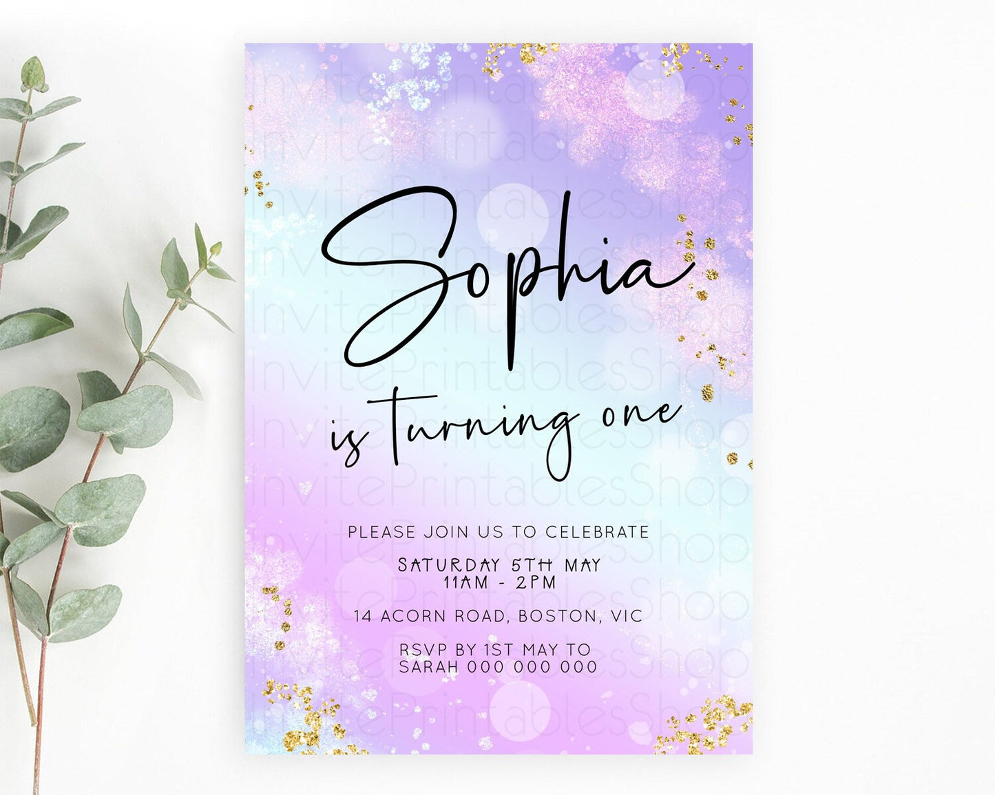 Pastel Birthday Invitation Ombre Watercolor Birthday Invitation Glitter Rainbow Color Splash 1st 2nd 3rd Birthday Invitation D23112