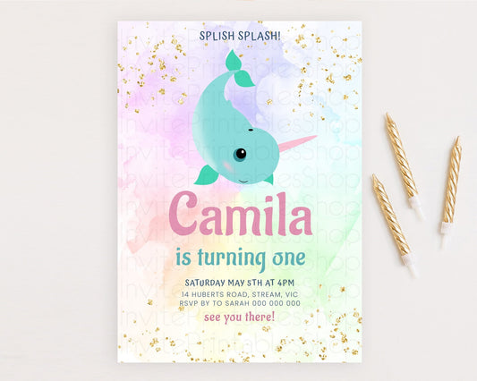 Editable Narwhal Birthday Invitation Narwhal Unicorn Invitation Rainbow Sea
