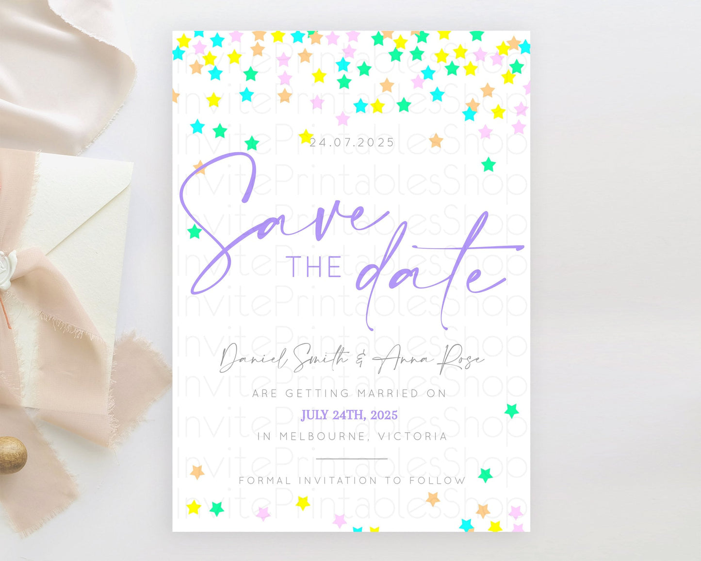 Twinkle Stars Save The Date Template Pastel Twinkle Little Star Party Shooting Star Confetti Sprinkles Birthday Baptism Baby Shower D10395