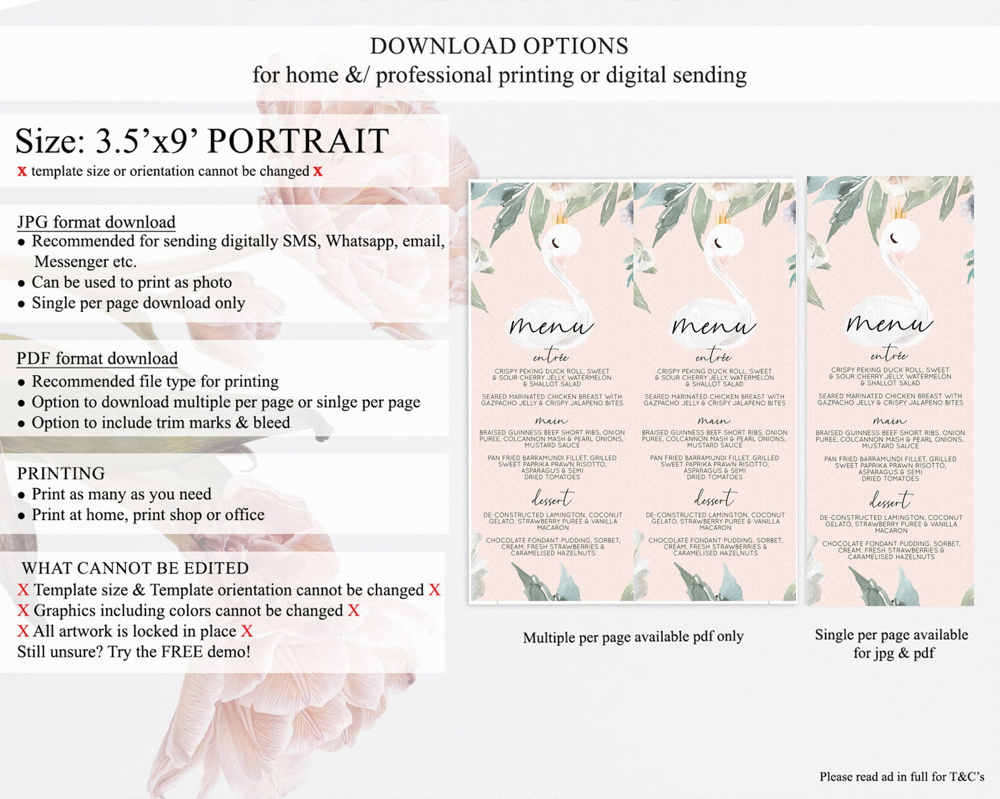 Swan Menu Swan Princess Ballet Menu Template Enchanted Swan Lake Table Decor Secret Garden Pastel Floral Dinner Dessert Food Menu  D10755