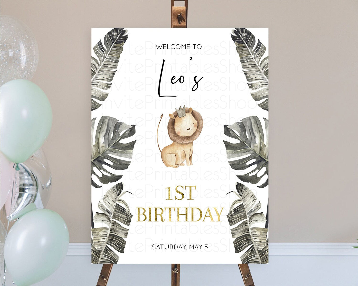 Lion Welcome Sign Lion Welcome Board Lion Party Welcome Poster Dried Palm Fern Safari Party Decor Lion First Birthday Welcome Sign D10599