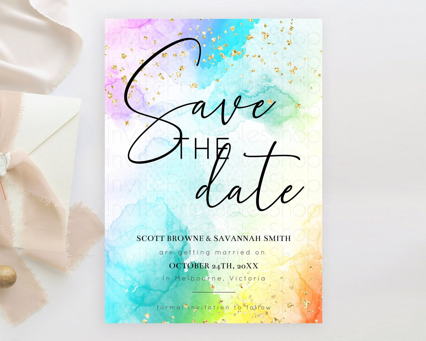 Pastel Save The Date Template Pastel Ombre Rainbow Watercolor Colorful Party For Birthday Baptism Baby Shower Wedding Bridal Shower D10771
