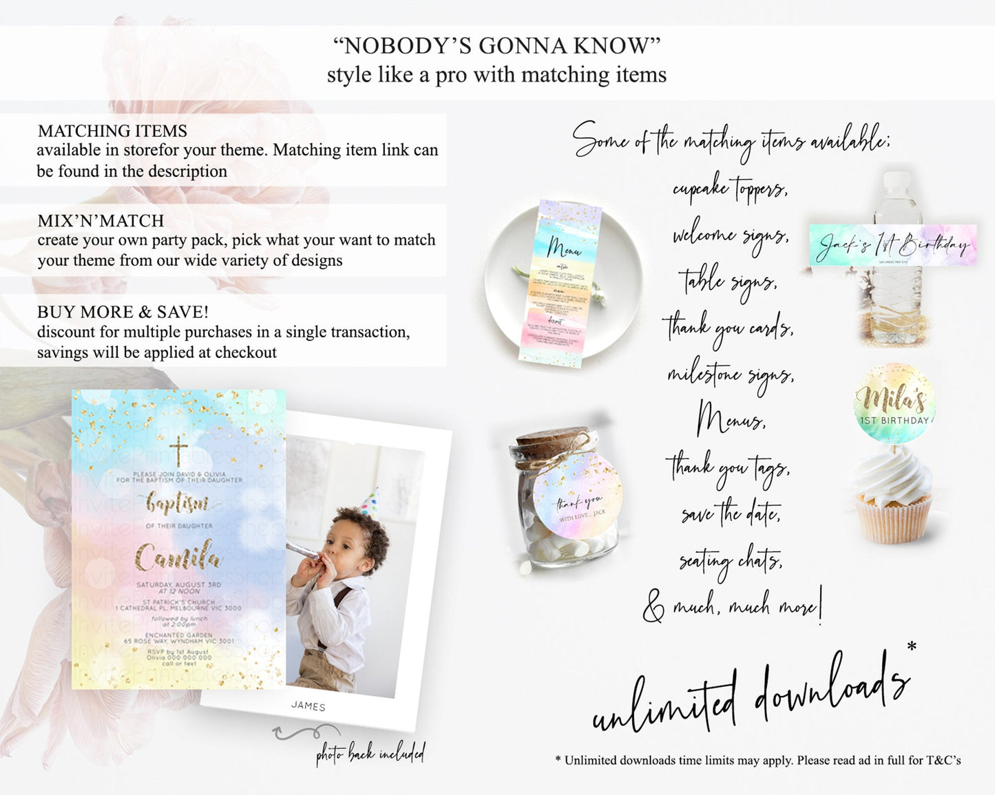 Pastel Baptism Invitation Pastel Colors Watercolor Baptism 1st Birthday Party Gold Ombre Pastel Rainbow Christening Holy Communion D10367