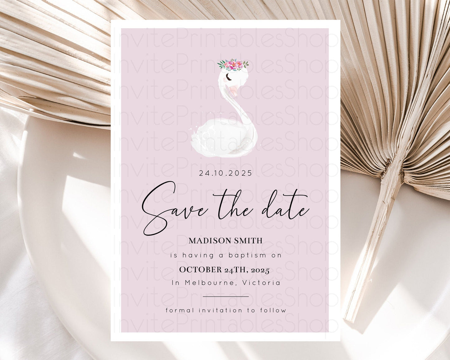 Swan Save The Date Template Swan Princess Ballet Party Enchanted Swan Lake Secret Garden Pastel Floral Birthday Baptism Baby Shower D10758