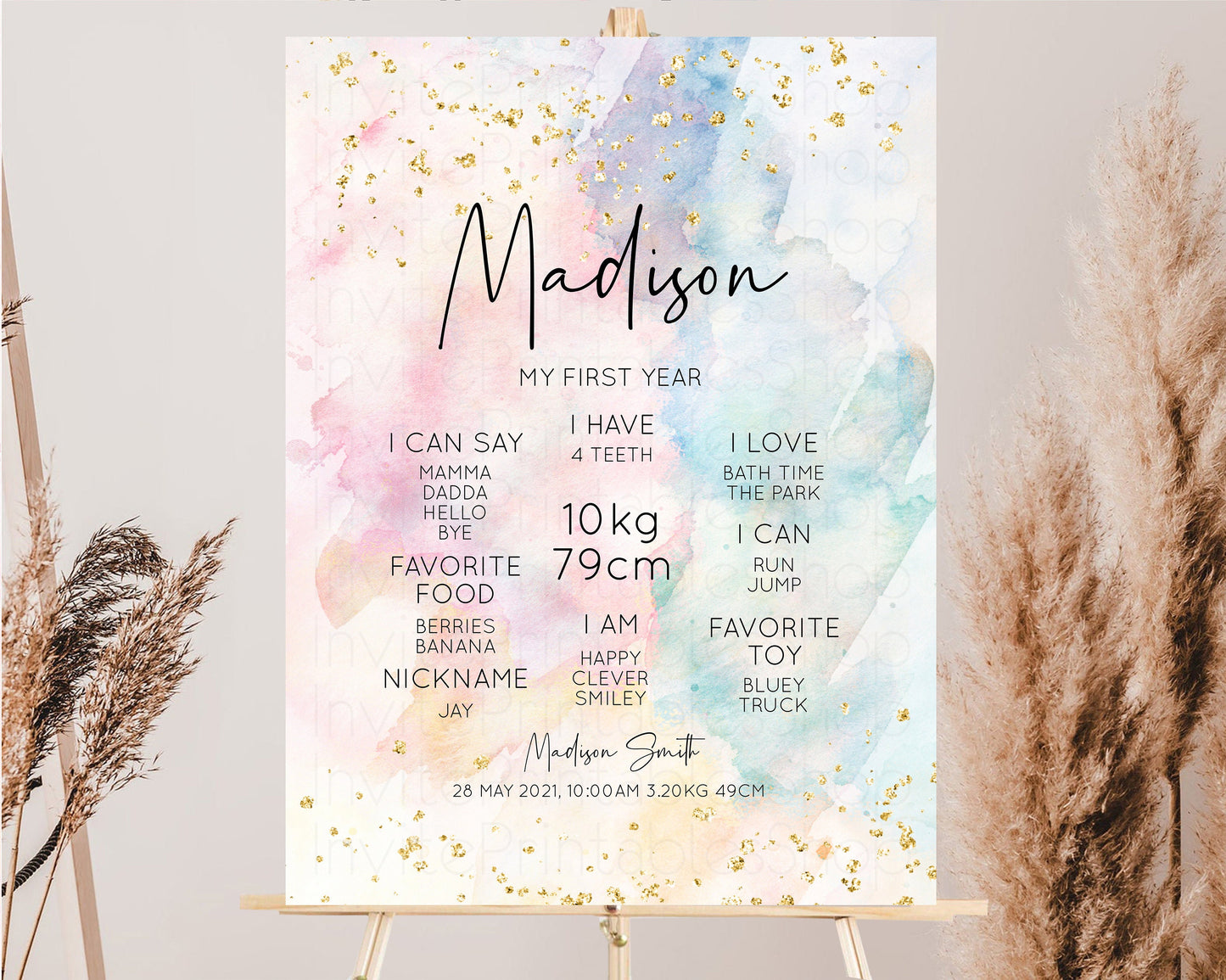 Pastel First Birthday Milestone Board Pastel Rainbow Milestone Poster Watercolor Glitter One Year Poster Colorful Splash Baby 1st Year 276