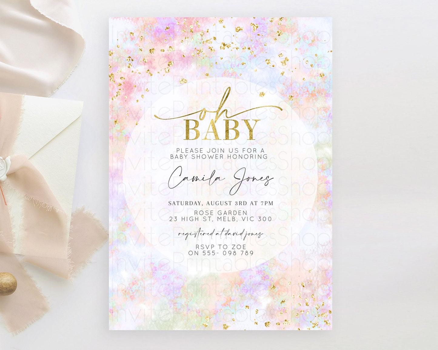 Pastel Baby Shower Invitation Rainbow Baby Shower Invitation Colorful Pastel Watercolor Invitation Gold Glitter Sprinkles Ombre D10649