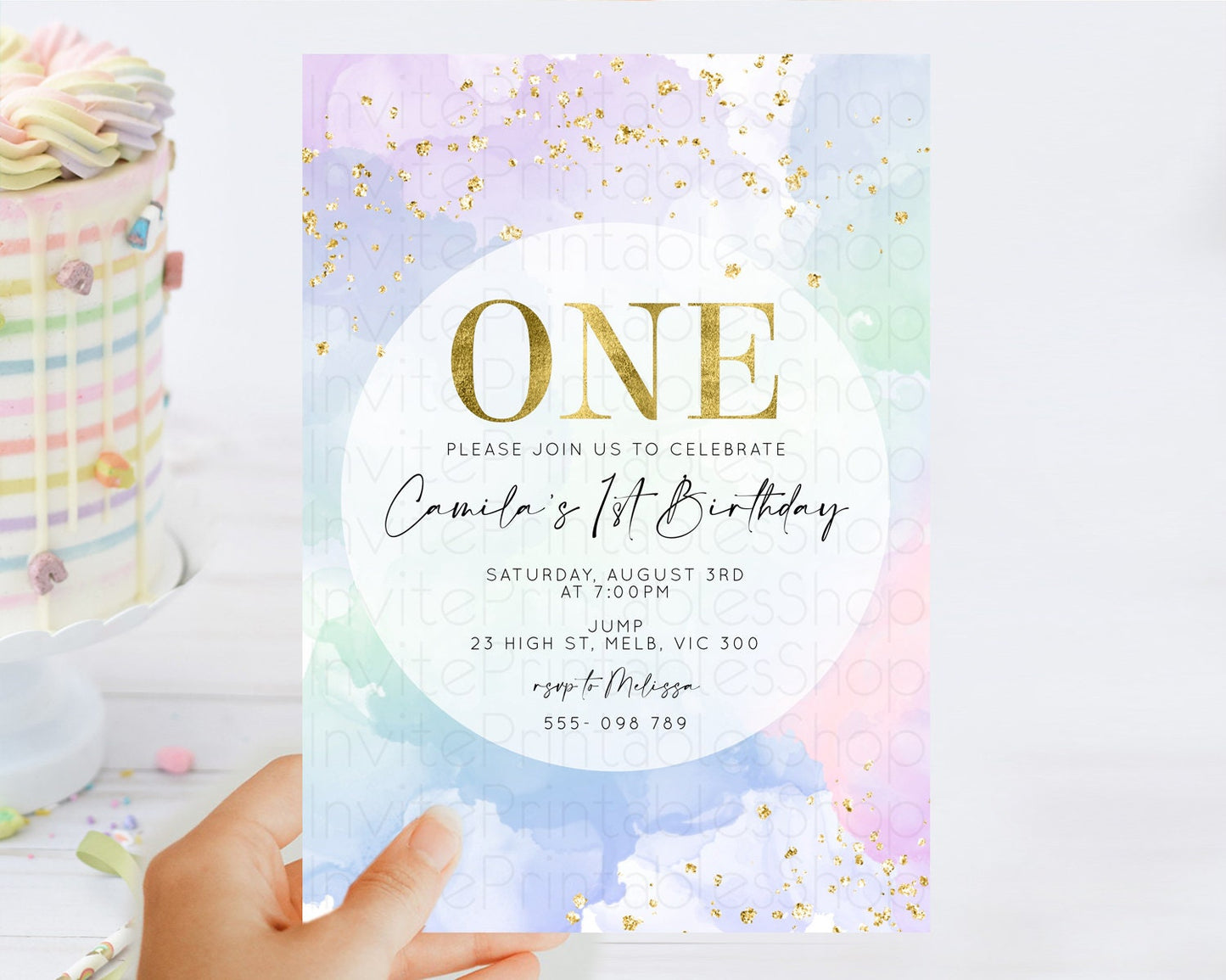 Rainbow Birthday Invitation Colorful Pastel Watercolor Invitation Gold Glitter Sprinkles Ombre Pastel 1st 2nd 3rd Birthday D10624