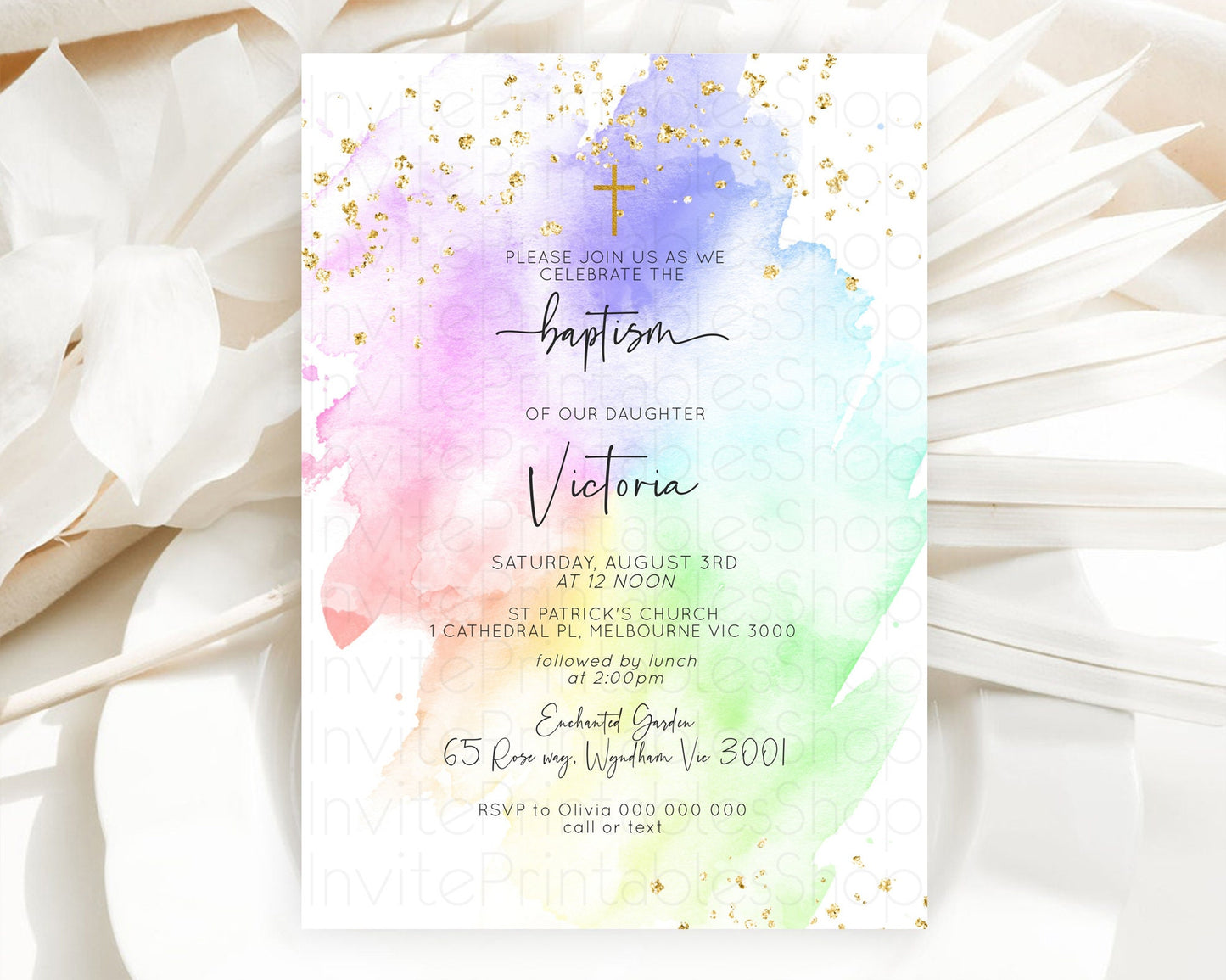 Pastel Baptism Invitation Pastel Colors Watercolor Baptism 1st Birthday Party Gold Ombre Pastel Rainbow Christening Holy Communion D10316