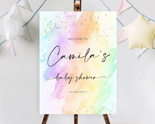 Pastel Baby Shower Welcome Sign Pastel Rainbow Welcome Sign Colorful Rainbow Confetti Watercolor Glitter Décor Pastel  Welcome Sign D10645