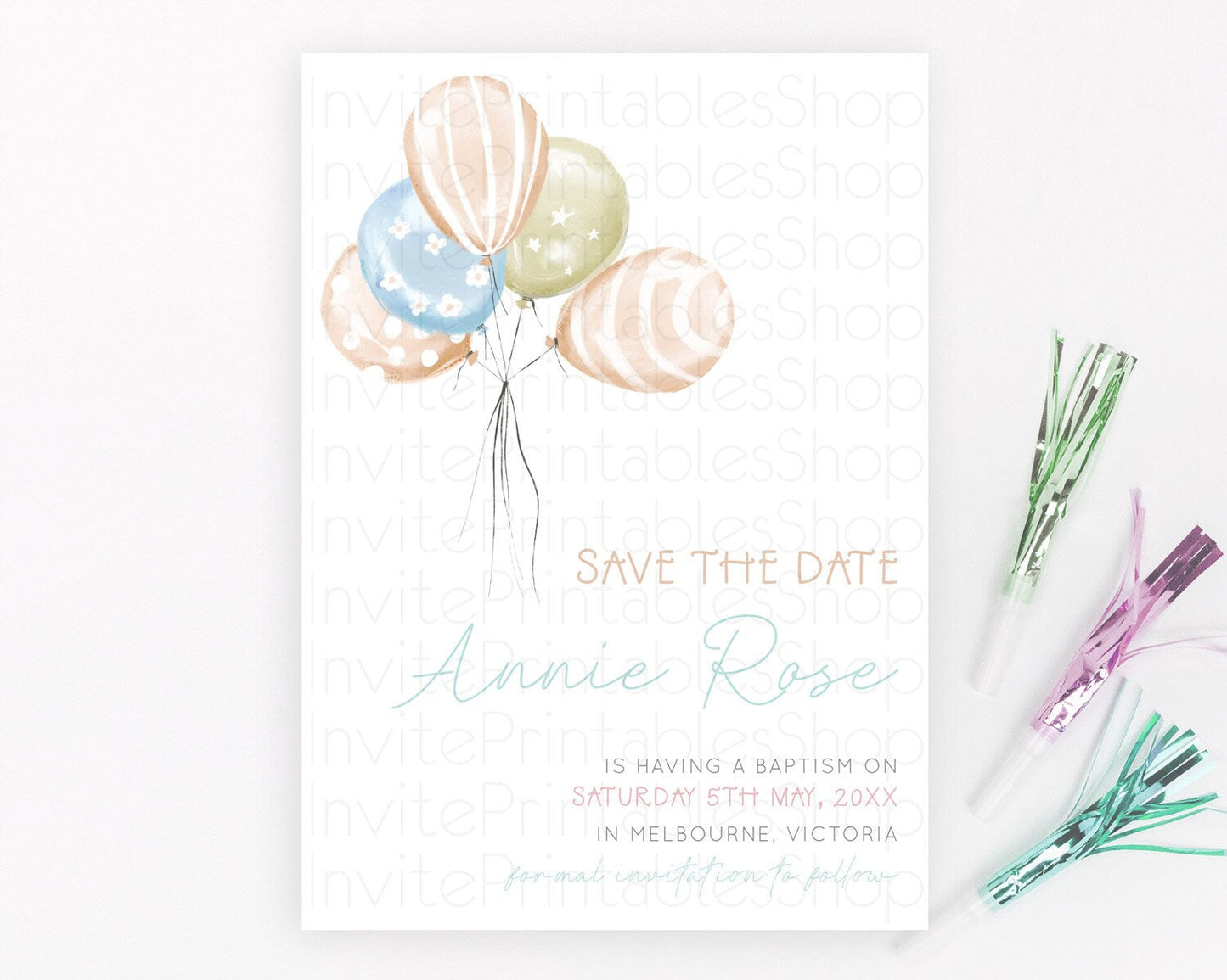 Pastel Balloons Save The Date Rainbow Confetti Balloon Party Colorful Balloon Save The Date Template Birthday Baby Shower Baptism D22999
