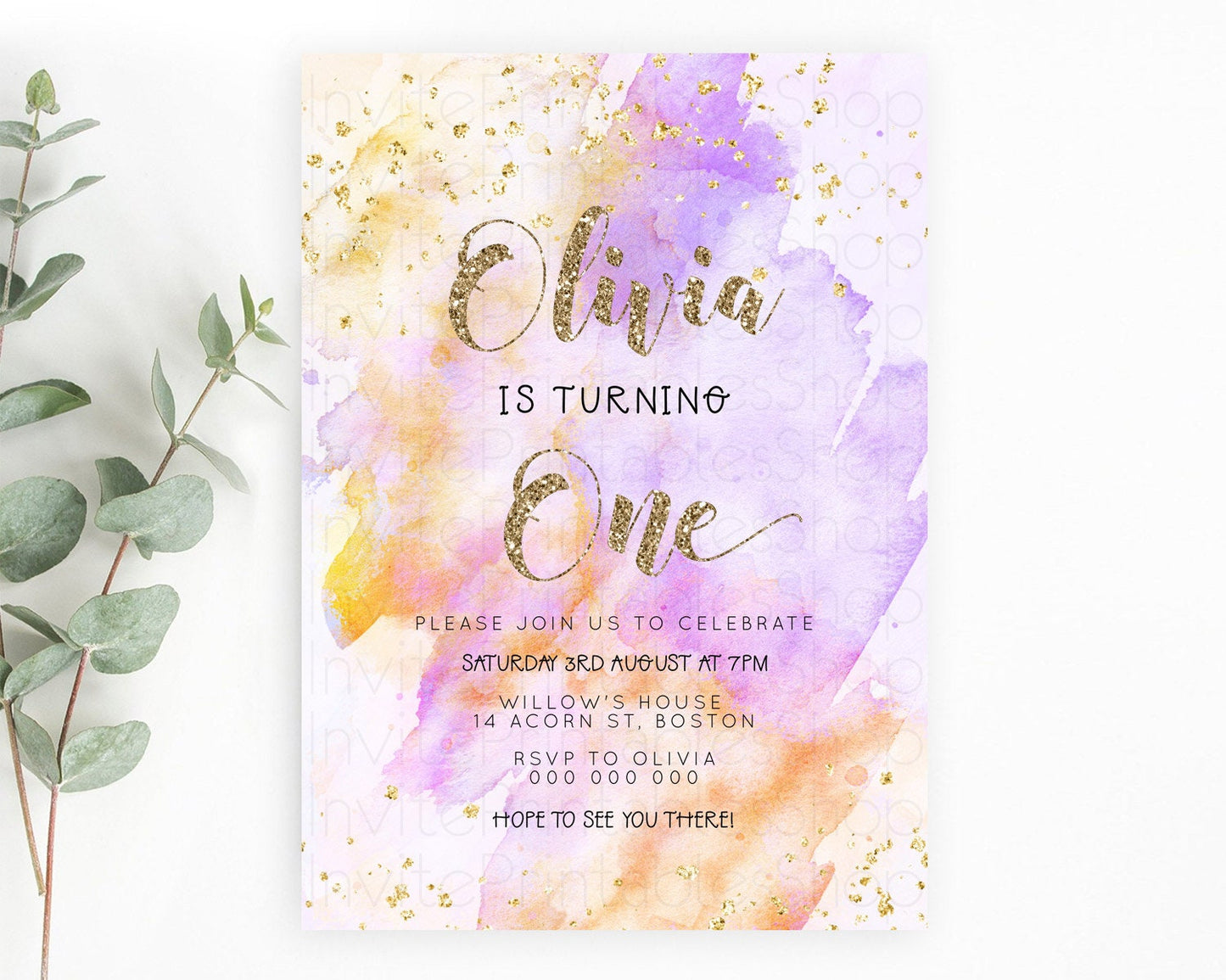 Rainbow Birthday Invitation Colorful Pastel Watercolor Invitation Gold Glitter Sprinkles Ombre Pastel 1st 2nd 3rd Birthday D23300