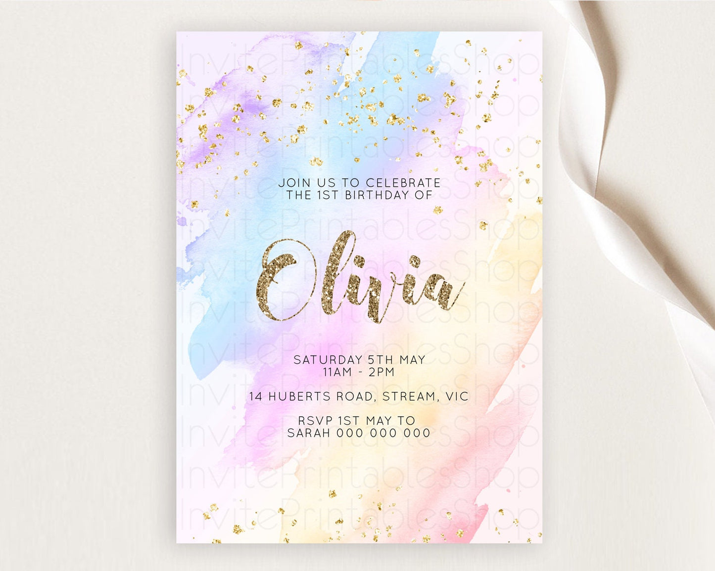 Rainbow Birthday Invitation Colorful Pastel Watercolor Invitation Gold Glitter Sprinkles Ombre Pastel 1st 2nd 3rd Birthday D10633
