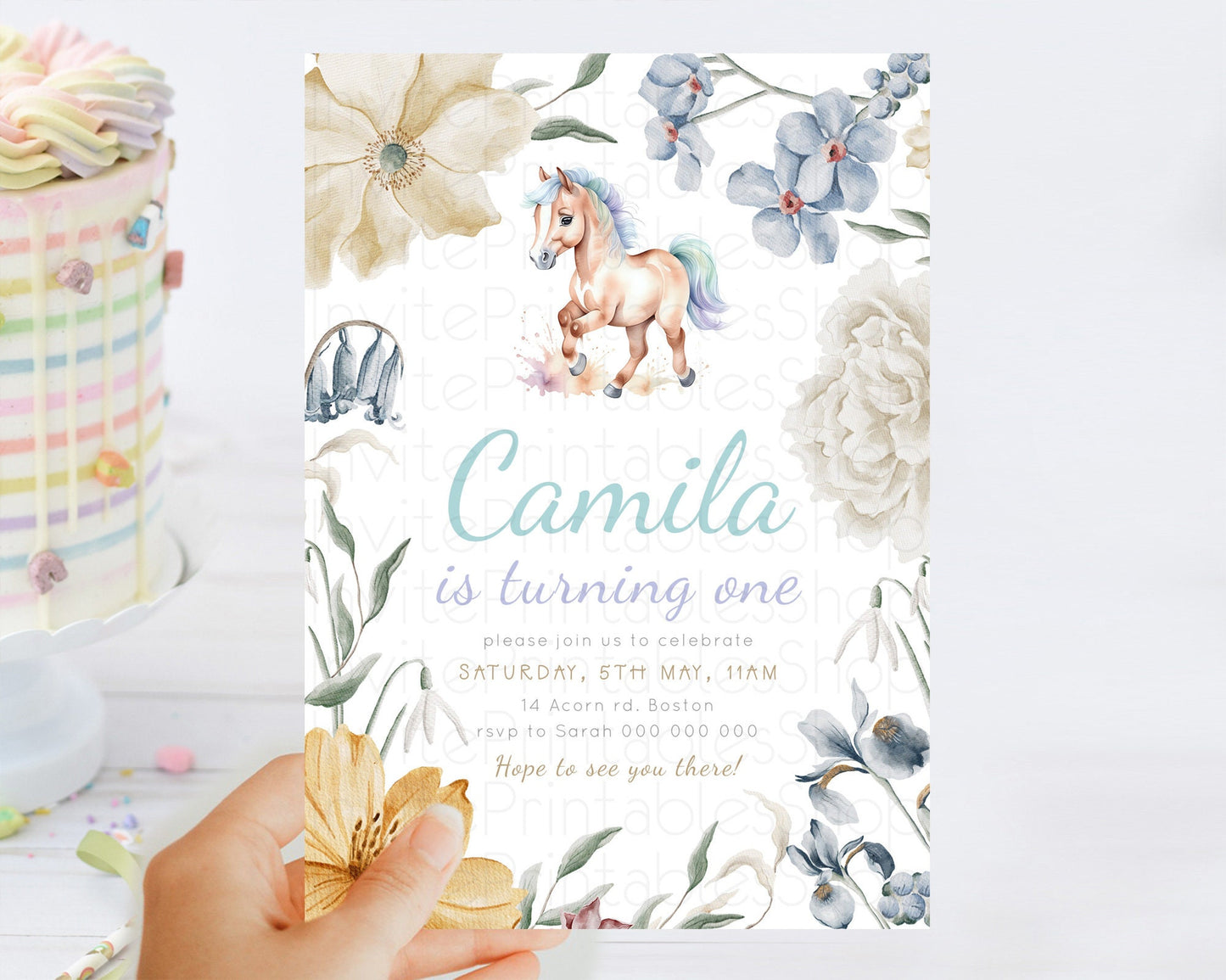 Horse Birthday Invitation, Galloping Wildflower Fields, Pastel Flowers, Butterflies, Flowers Accents for Equestrian & Cowgirls d23376